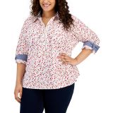 Plus Size Confetti-Heart Roll-Tab-Sleeve Cotton Top