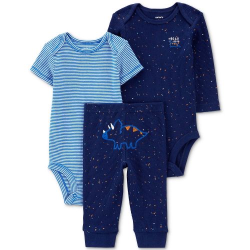 카터스 Baby Boys 3-Pc. Stripe Short-Sleeve Bodysuit Waffle-Knit Dinosaur-Print Long-Sleeve Bodysuit & Waffle-Knit Dinosaur Embroidered Pants