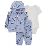 Baby Girls Cotton Butterfly-Print Hooded Cardigan Bodysuit and Pants 3 Piece Set