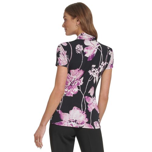 DKNY Petite Floral Side-Ruched Faux-Wrap Top