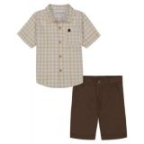 Little Boys Plaid Short Sleeve Button-Up Shirt and Twill Shorts 2 Piece Set
