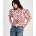 Womens Ditsy Floral Puff-Sleeve Top