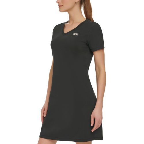 DKNY Womens Metallic-Logo V-Neck Short-Sleeve Dress
