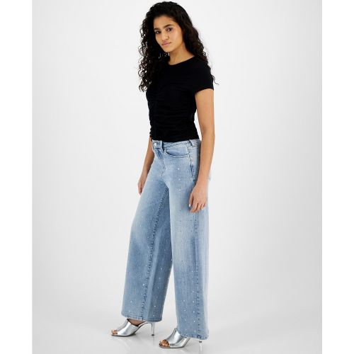 DKNY Womens High Rise Studded Wide Leg Jeans