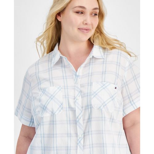 타미힐피거 Plus Size Cotton Plaid Textured Camp Shirt