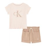Little Girls Ribbed Logo T-shirt and Crepe French Terry Shorts 2 Piece Set