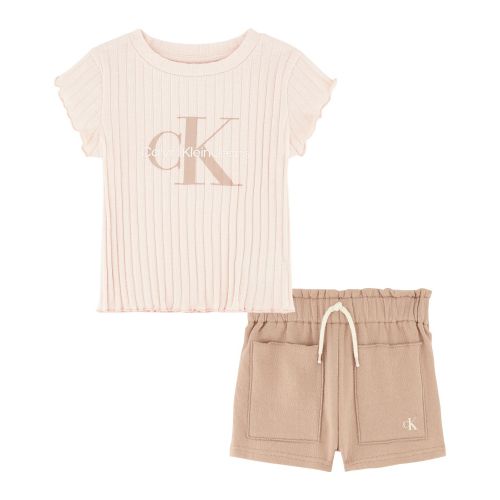  Little Girls Ribbed Logo T-shirt and Crepe French Terry Shorts 2 Piece Set