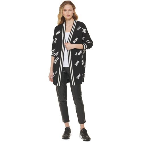 DKNY Womens Striped Logo-Graphic Open-Front Cardigan