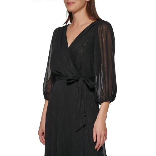 DKNY Womens V-Neck Shiny-Foil Faux-Wrap Gown