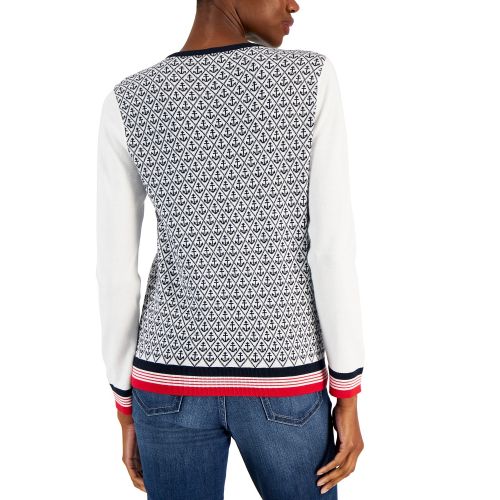 타미힐피거 Womens Anchor Print Cotton V-Neck Sweater