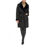 Womens Petite Belted Notched-Collar Faux-Shearling Coat