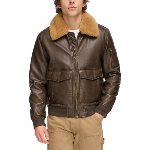 타미힐피거 Mens Faux-Fur-Trim Faux-Leather Bomber Jacket
