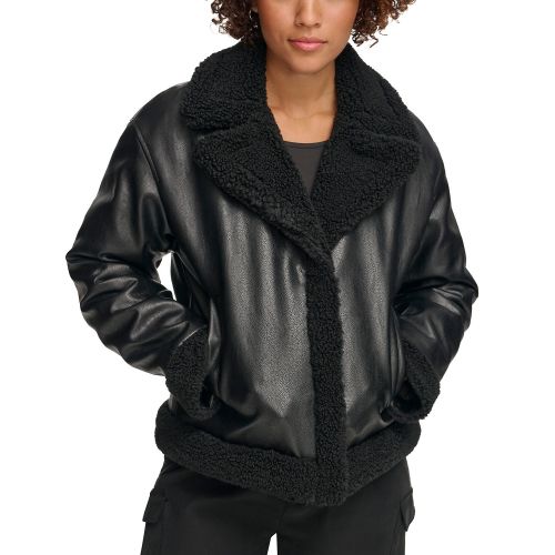 리바이스 Womens Faux-Fur-Trimmed Faux-Leather Moto Jacket