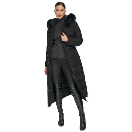 DKNY Womens Faux-Fur-Trim Hooded Maxi Puffer Coat