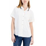 Womens Ribbed-Collar Short-Sleeve Shirt