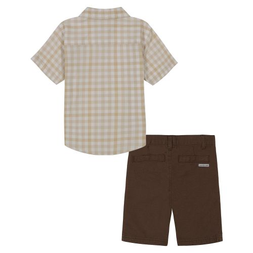  Toddler Boys Plaid Short Sleeve Button-Up Shirt and Twill Shorts 2 Piece Set