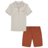 Little Boys Herringbone Short Sleeve Polo Shirt and Twill Shorts 2 Piece Set