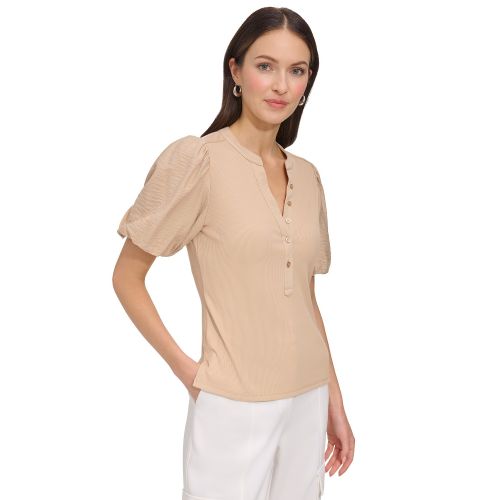 DKNY Womens Puff-Sleeve Ribbed Henley Shirt