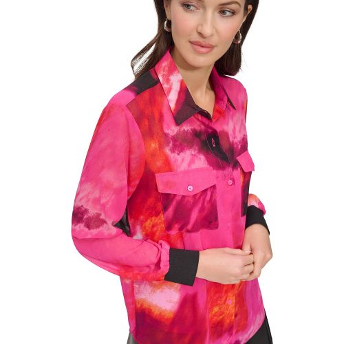 DKNY Womens Printed Chiffon Long-Sleeve Shirt