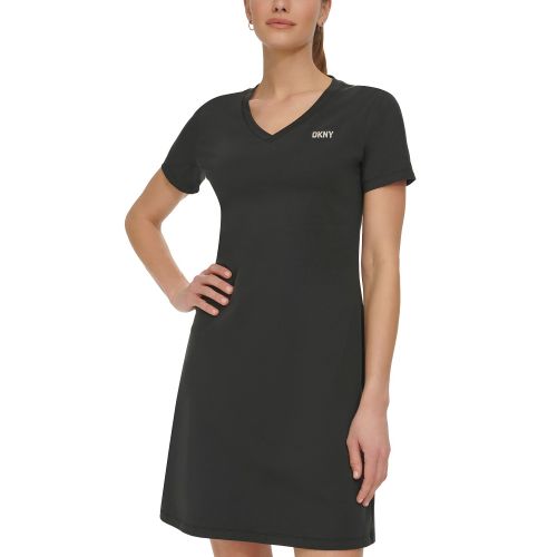 DKNY Womens Metallic-Logo V-Neck Short-Sleeve Dress