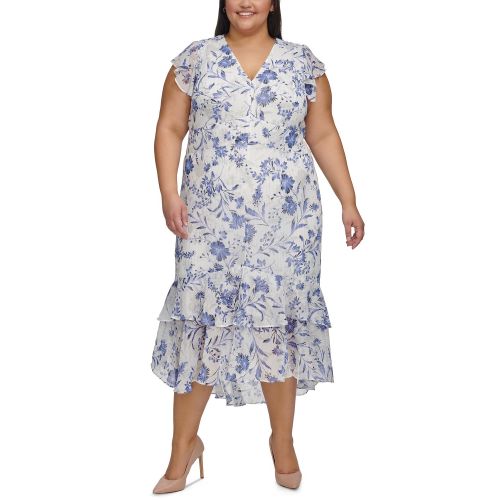 타미힐피거 Plus Size Floral-Print Flutter-Sleeve Midi Dress