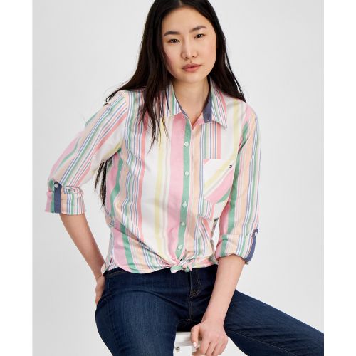 타미힐피거 Womens Cotton Striped Roll-Tab Shirt