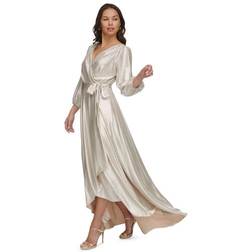 DKNY Womens Metallic Textured Faux-Wrap Gown