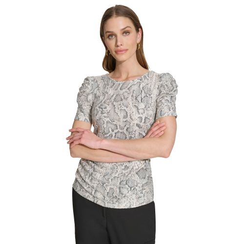 DKNY Womens Crewneck Side-Ruched Short-Sleeve Top