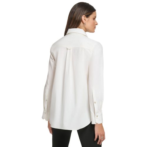 DKNY Womens Solid Covered-Placket Long-Sleeve Shirt