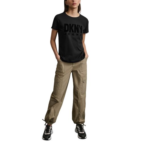 DKNY Womens Flocked-Logo Short-Sleeve Crewneck T-Shirt