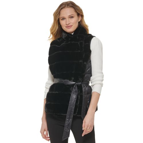 DKNY Womens Faux-Fur Belted Wrap Vest