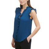 Petite V-Neck Ruffled Button-Front Sleeveless Top