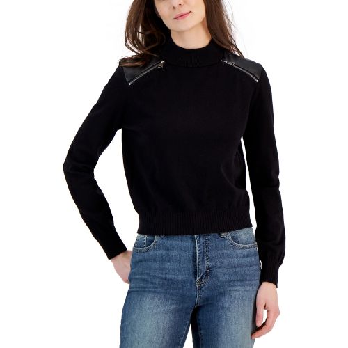 DKNY Womens Faux Leather Trim Zipper Sweater