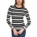 Womens Striped Logo-Cuff Crewneck Sweater