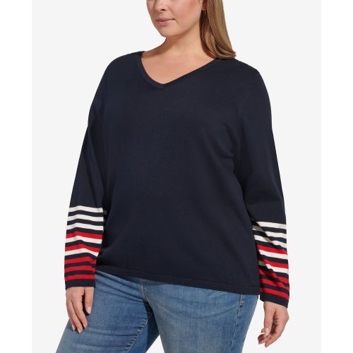 타미힐피거 Plus Size Striped-Sleeve Sweater