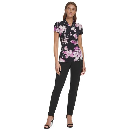 DKNY Petite Floral Side-Ruched Faux-Wrap Top
