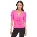 Womens V-Neck Ruched Knit Elbow-Sleeve Top
