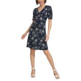 Womens V-Neck Puff-Sleeve Floral Shift Dress
