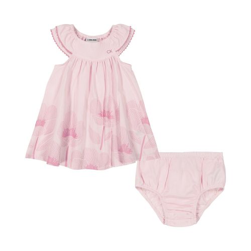  Baby Girls Crinkle Jacquard Border Print Dress and Diaper Cover Set