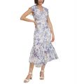 Womens Floral-Print Flutter-Sleeve Midi Dress
