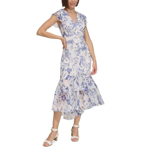 타미힐피거 Womens Floral-Print Flutter-Sleeve Midi Dress