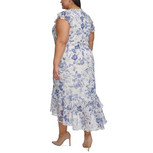 타미힐피거 Plus Size Floral-Print Flutter-Sleeve Midi Dress