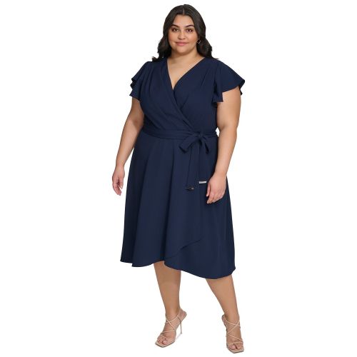 DKNY Plus Size Surplice-Neck Flutter-Sleeve Faux-Wrap Dress