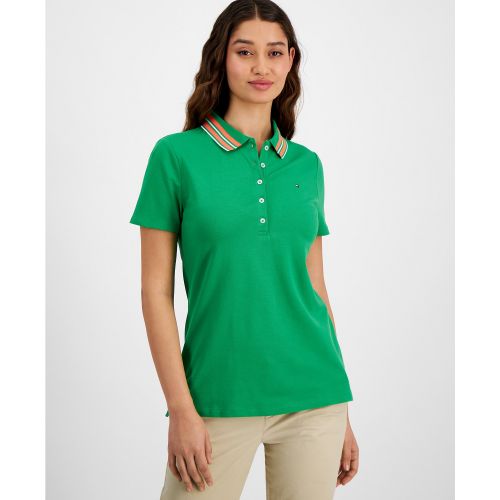 타미힐피거 Womens Stripe-Collar Shirt-Sleeve Polo Shirt