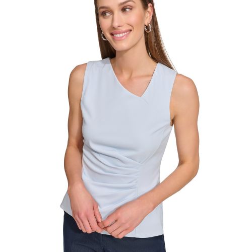 DKNY Womens Asymmetrical-Neck Ruched Sleeveless Top