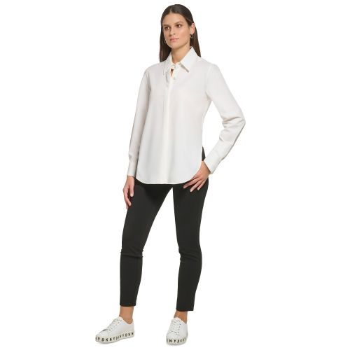 DKNY Womens Solid Covered-Placket Long-Sleeve Shirt