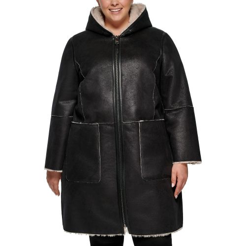 DKNY Womens Plus Size Hooded Faux-Shearling Coat