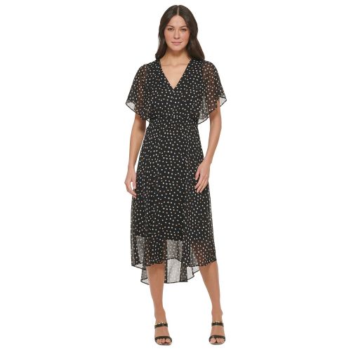 DKNY Womens Printed Flutter-Sleeve Fit & Flare Dress