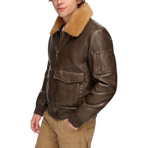 타미힐피거 Mens Faux-Fur-Trim Faux-Leather Bomber Jacket