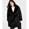 Womens Plus Size Belted Notched-Collar Faux-Shearling Coat